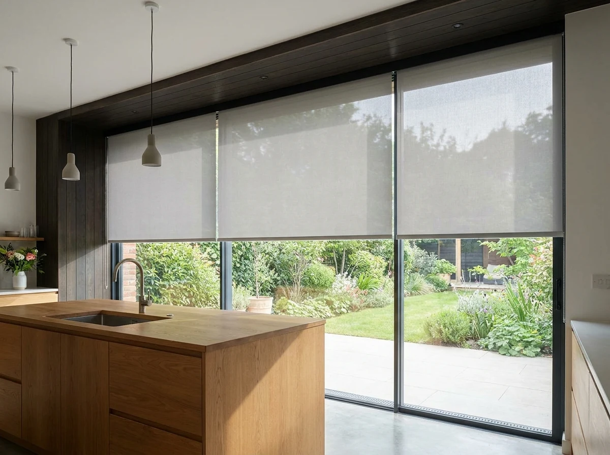 Three roller blinds dropping from a slim concealed ceiling recess above the glass doors of a Westcliff kitchen extension