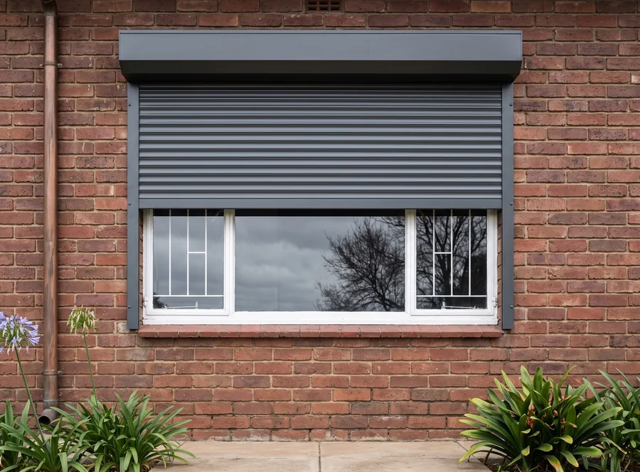 Charcoal aluminium roller shutter running half way down its side guides over a steel window on the face-brick wall of a Westcliff home