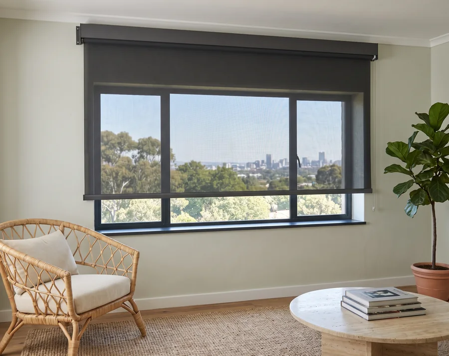Charcoal sunscreen mesh roller blind pulled down over the wide upstairs window of a Westcliff sitting room, treetops and the far city skyline still readable through the weave