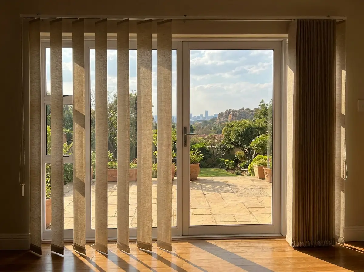 Vertical panel blinds beside a garden-facing sliding door in a Westcliff home